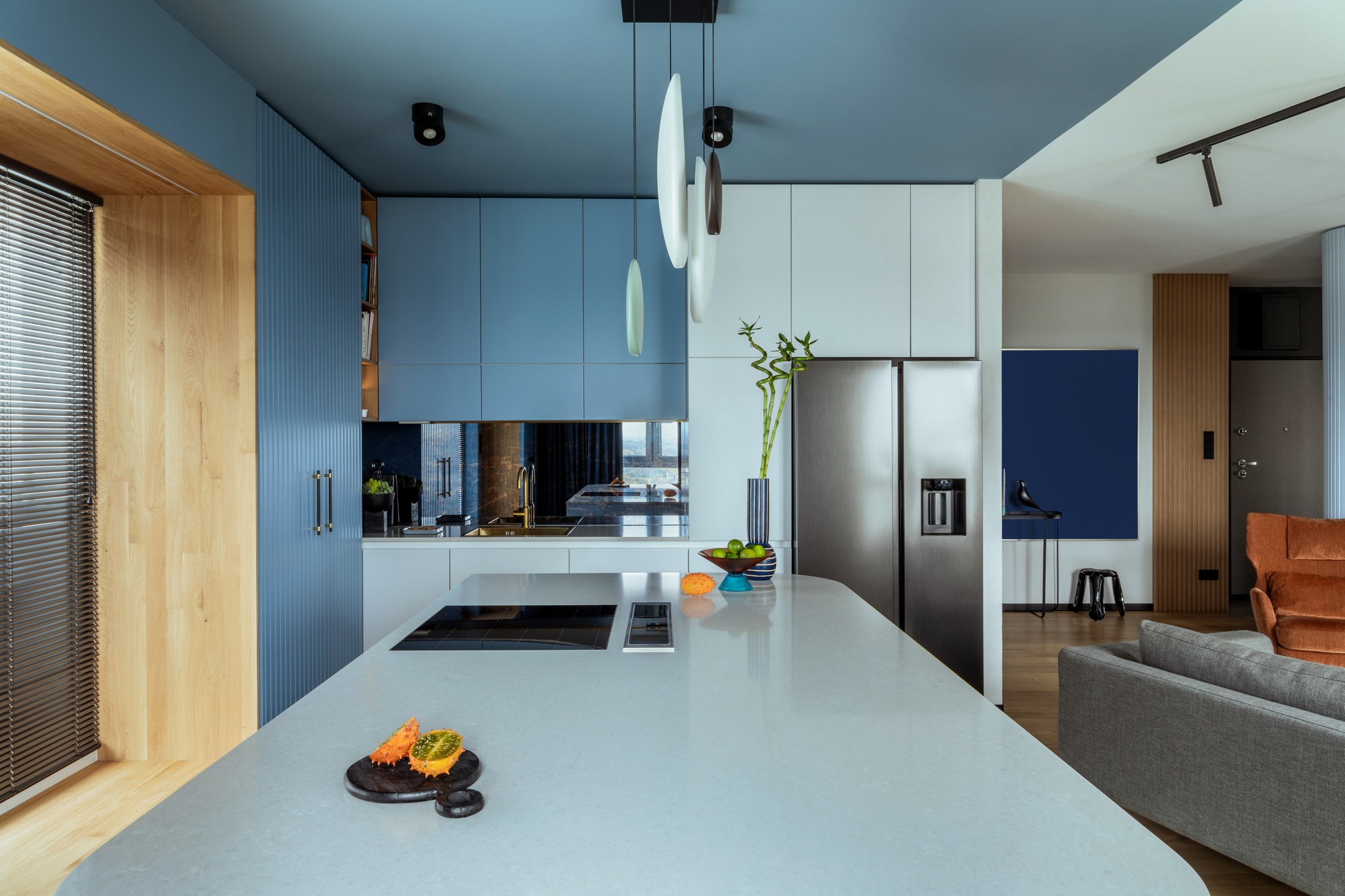 Creative composition of kitchen and living room interior + personal accessories. Home decor Template